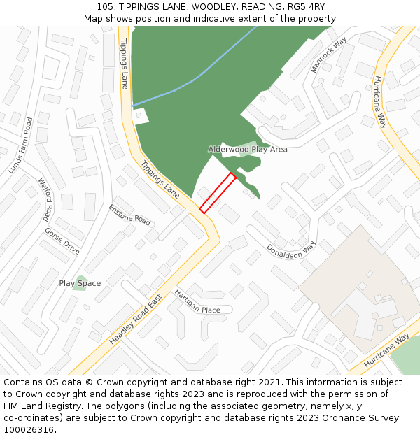 105, TIPPINGS LANE, WOODLEY, READING, RG5 4RY: Location map and indicative extent of plot