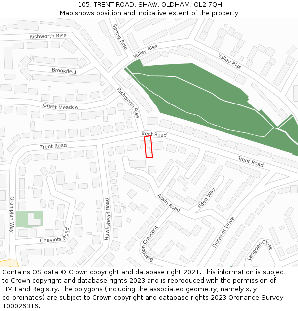 105, TRENT ROAD, SHAW, OLDHAM, OL2 7QH: Location map and indicative extent of plot