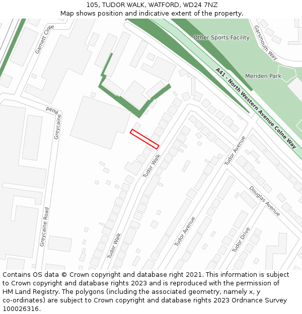 105, TUDOR WALK, WATFORD, WD24 7NZ: Location map and indicative extent of plot