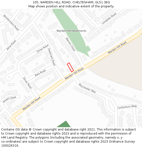 105, WARDEN HILL ROAD, CHELTENHAM, GL51 3EG: Location map and indicative extent of plot