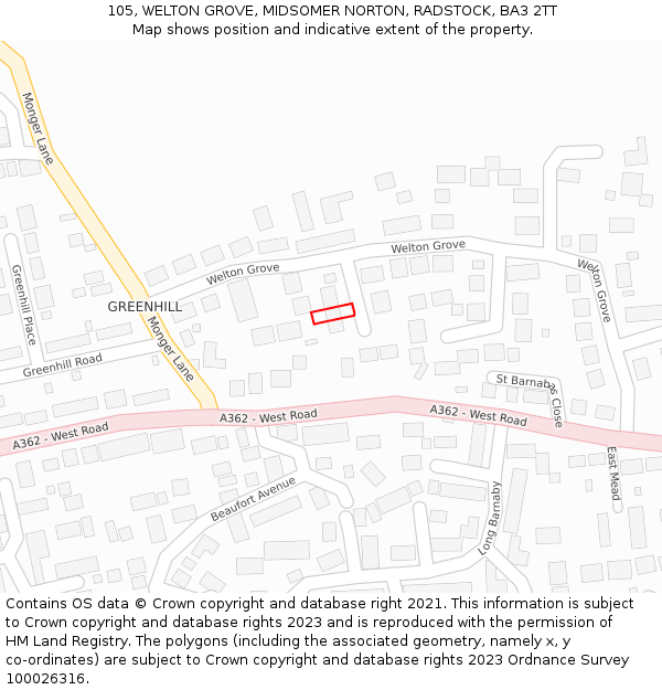 105, WELTON GROVE, MIDSOMER NORTON, RADSTOCK, BA3 2TT: Location map and indicative extent of plot