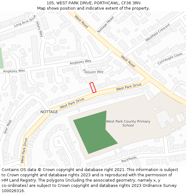 105, WEST PARK DRIVE, PORTHCAWL, CF36 3RN: Location map and indicative extent of plot
