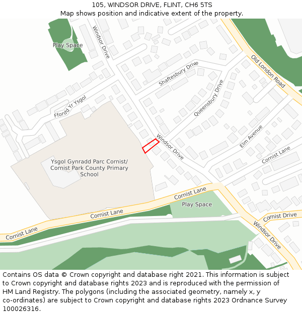 105, WINDSOR DRIVE, FLINT, CH6 5TS: Location map and indicative extent of plot