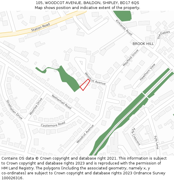 105, WOODCOT AVENUE, BAILDON, SHIPLEY, BD17 6QS: Location map and indicative extent of plot