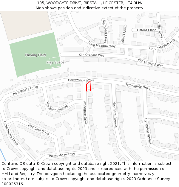 105, WOODGATE DRIVE, BIRSTALL, LEICESTER, LE4 3HW: Location map and indicative extent of plot