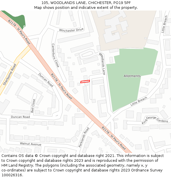 105, WOODLANDS LANE, CHICHESTER, PO19 5PF: Location map and indicative extent of plot