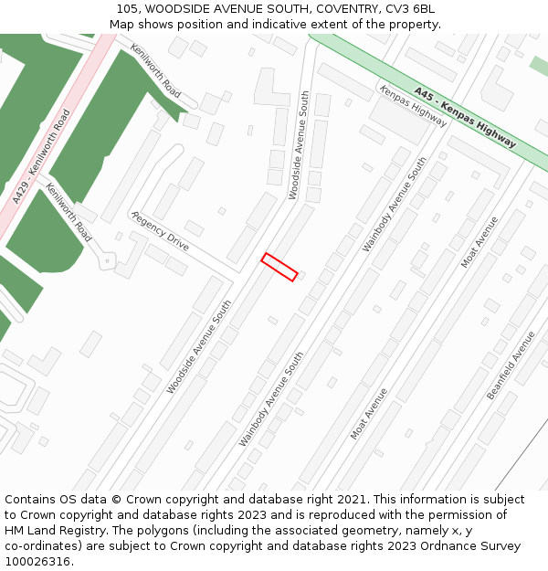 105, WOODSIDE AVENUE SOUTH, COVENTRY, CV3 6BL: Location map and indicative extent of plot