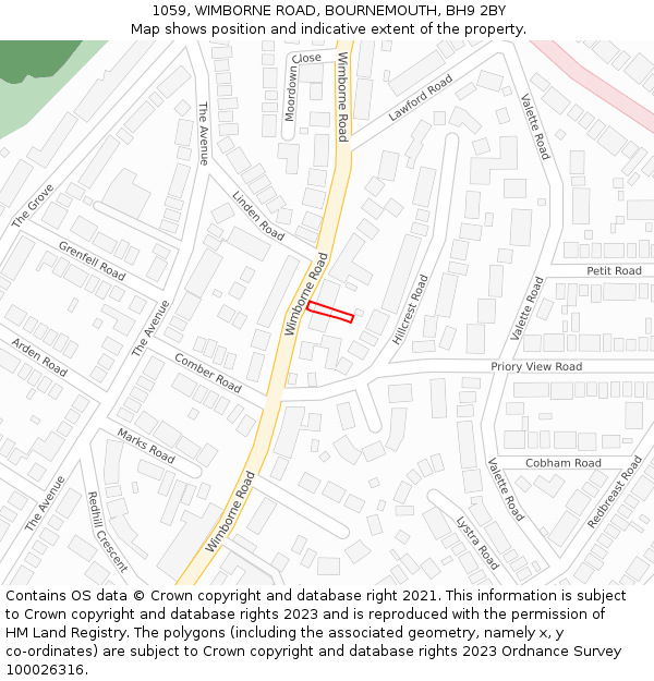 1059, WIMBORNE ROAD, BOURNEMOUTH, BH9 2BY: Location map and indicative extent of plot