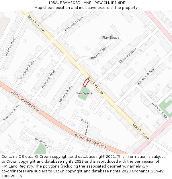 105A, BRAMFORD LANE, IPSWICH, IP1 4DF: Location map and indicative extent of plot