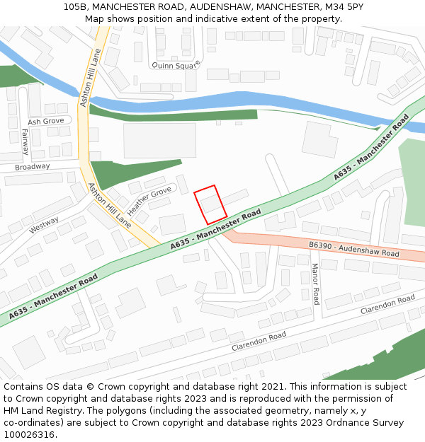 105B, MANCHESTER ROAD, AUDENSHAW, MANCHESTER, M34 5PY: Location map and indicative extent of plot