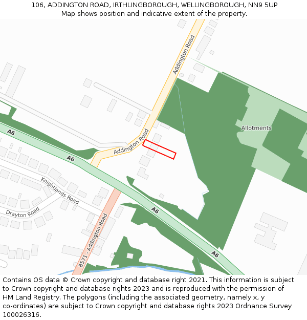 106, ADDINGTON ROAD, IRTHLINGBOROUGH, WELLINGBOROUGH, NN9 5UP: Location map and indicative extent of plot