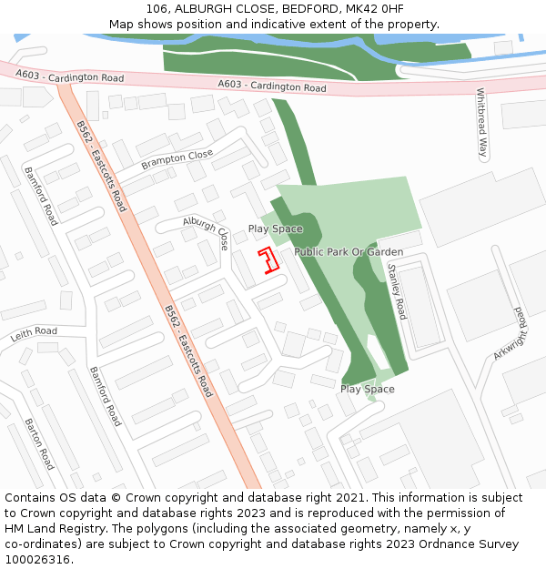 106, ALBURGH CLOSE, BEDFORD, MK42 0HF: Location map and indicative extent of plot