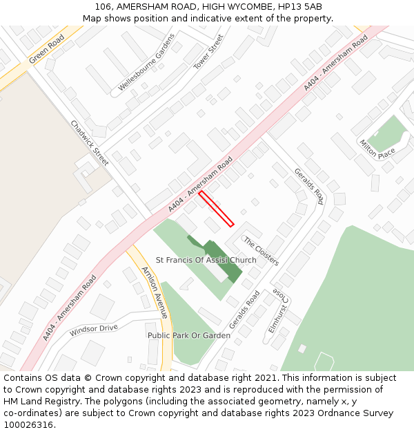 106, AMERSHAM ROAD, HIGH WYCOMBE, HP13 5AB: Location map and indicative extent of plot