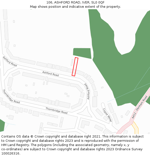 106, ASHFORD ROAD, IVER, SL0 0QF: Location map and indicative extent of plot