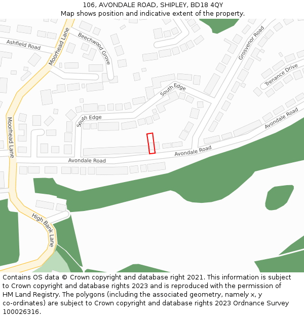 106, AVONDALE ROAD, SHIPLEY, BD18 4QY: Location map and indicative extent of plot