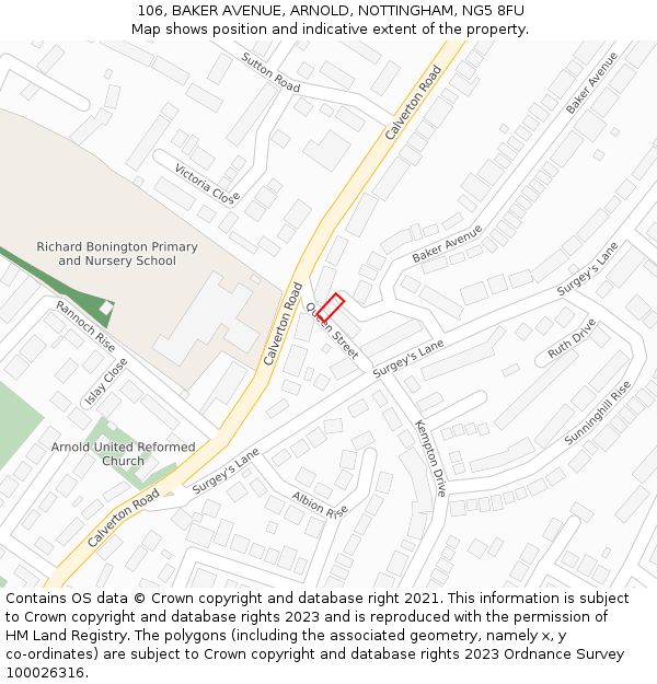 106, BAKER AVENUE, ARNOLD, NOTTINGHAM, NG5 8FU: Location map and indicative extent of plot