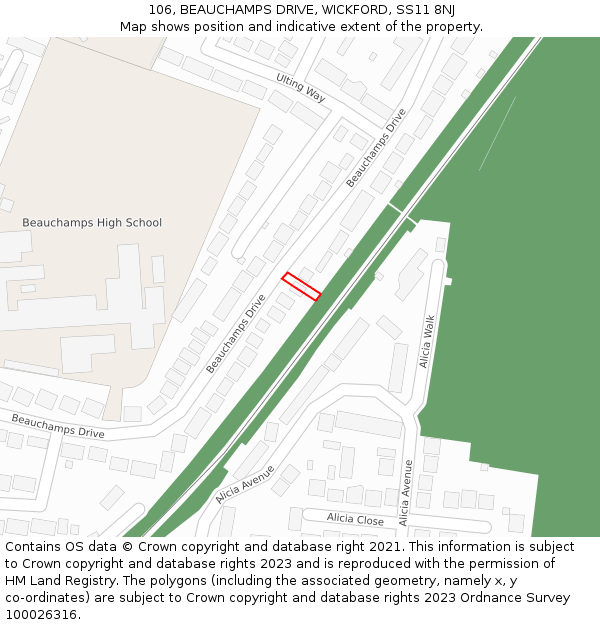 106, BEAUCHAMPS DRIVE, WICKFORD, SS11 8NJ: Location map and indicative extent of plot