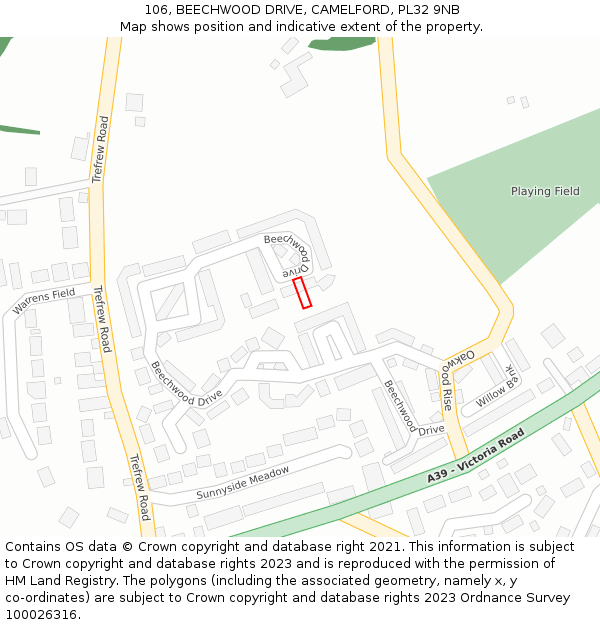 106, BEECHWOOD DRIVE, CAMELFORD, PL32 9NB: Location map and indicative extent of plot