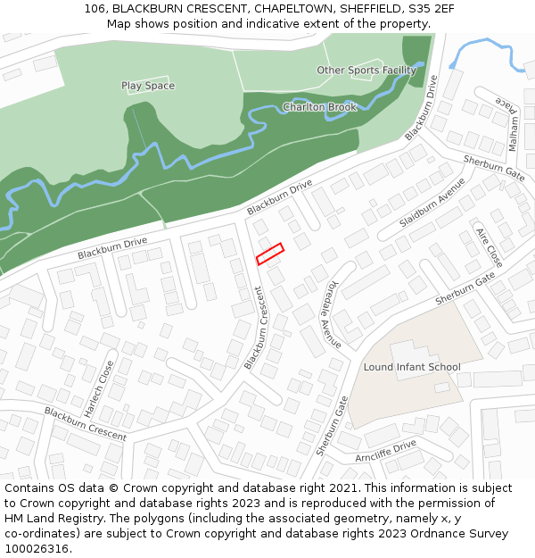 106, BLACKBURN CRESCENT, CHAPELTOWN, SHEFFIELD, S35 2EF: Location map and indicative extent of plot