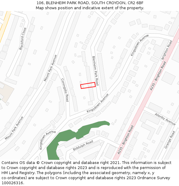 106, BLENHEIM PARK ROAD, SOUTH CROYDON, CR2 6BF: Location map and indicative extent of plot