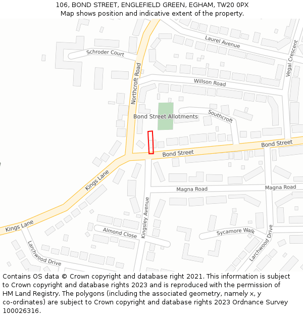 106, BOND STREET, ENGLEFIELD GREEN, EGHAM, TW20 0PX: Location map and indicative extent of plot