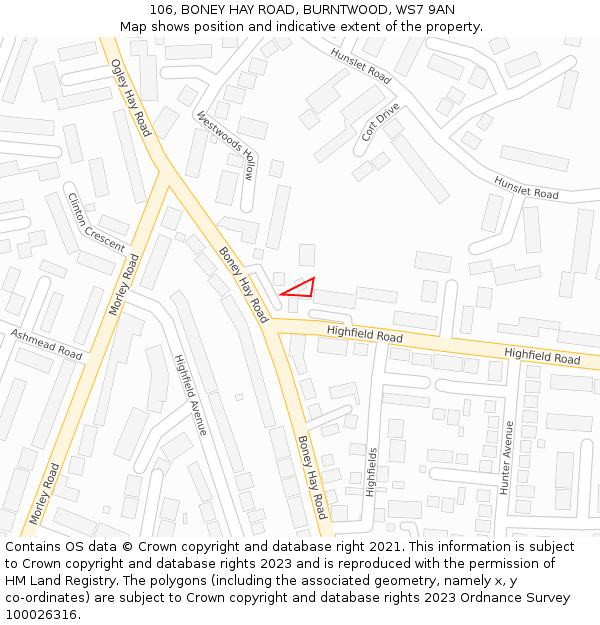 106, BONEY HAY ROAD, BURNTWOOD, WS7 9AN: Location map and indicative extent of plot