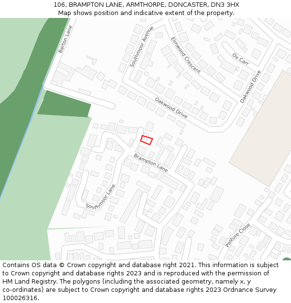 106, BRAMPTON LANE, ARMTHORPE, DONCASTER, DN3 3HX: Location map and indicative extent of plot