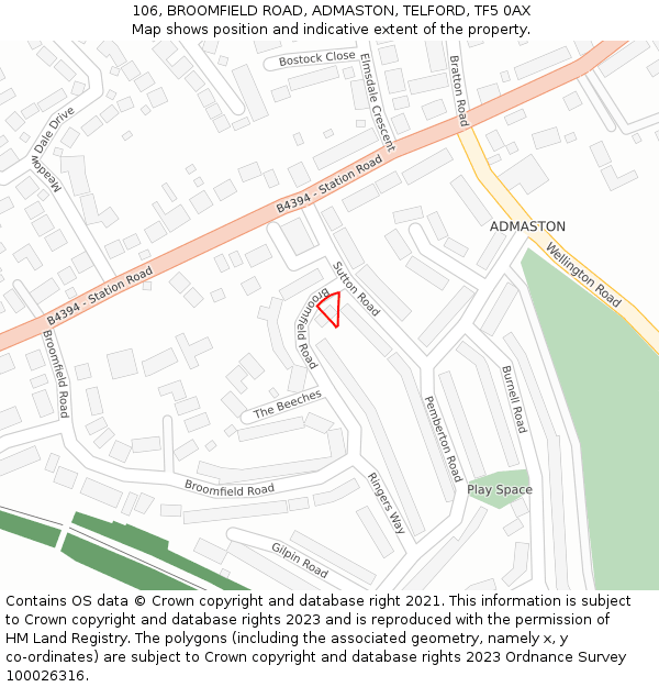106, BROOMFIELD ROAD, ADMASTON, TELFORD, TF5 0AX: Location map and indicative extent of plot