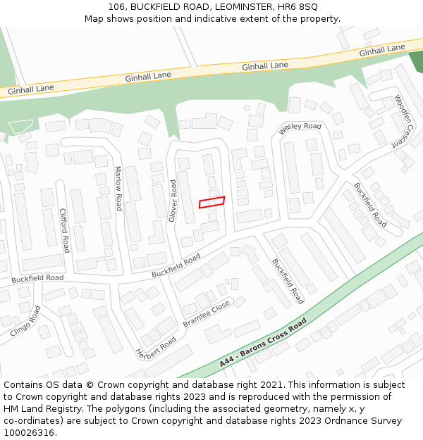 106, BUCKFIELD ROAD, LEOMINSTER, HR6 8SQ: Location map and indicative extent of plot