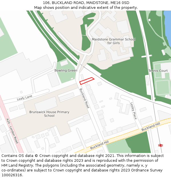 106, BUCKLAND ROAD, MAIDSTONE, ME16 0SD: Location map and indicative extent of plot