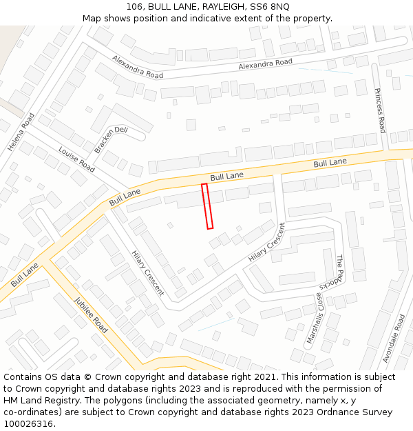 106, BULL LANE, RAYLEIGH, SS6 8NQ: Location map and indicative extent of plot