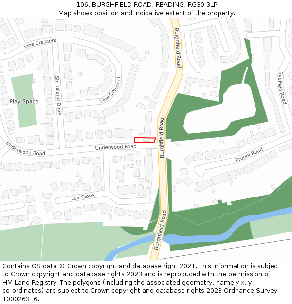 106, BURGHFIELD ROAD, READING, RG30 3LP: Location map and indicative extent of plot