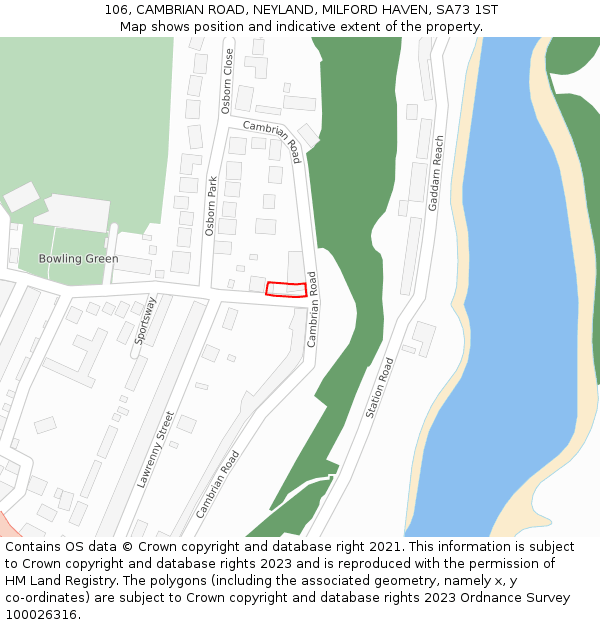 106, CAMBRIAN ROAD, NEYLAND, MILFORD HAVEN, SA73 1ST: Location map and indicative extent of plot