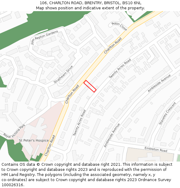106, CHARLTON ROAD, BRENTRY, BRISTOL, BS10 6NL: Location map and indicative extent of plot