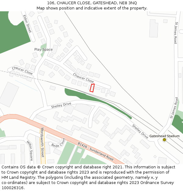 106, CHAUCER CLOSE, GATESHEAD, NE8 3NQ: Location map and indicative extent of plot