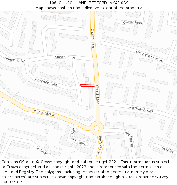 106, CHURCH LANE, BEDFORD, MK41 0AS: Location map and indicative extent of plot