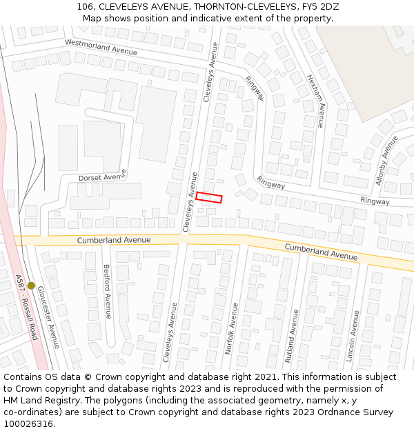 106, CLEVELEYS AVENUE, THORNTON-CLEVELEYS, FY5 2DZ: Location map and indicative extent of plot