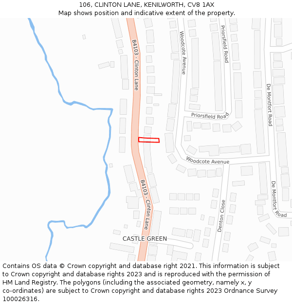 106, CLINTON LANE, KENILWORTH, CV8 1AX: Location map and indicative extent of plot