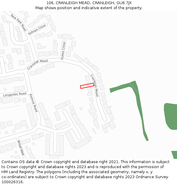 106, CRANLEIGH MEAD, CRANLEIGH, GU6 7JX: Location map and indicative extent of plot