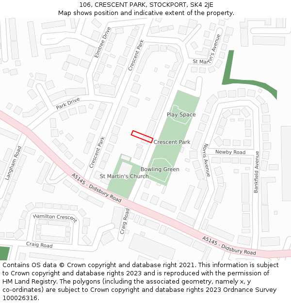 106, CRESCENT PARK, STOCKPORT, SK4 2JE: Location map and indicative extent of plot