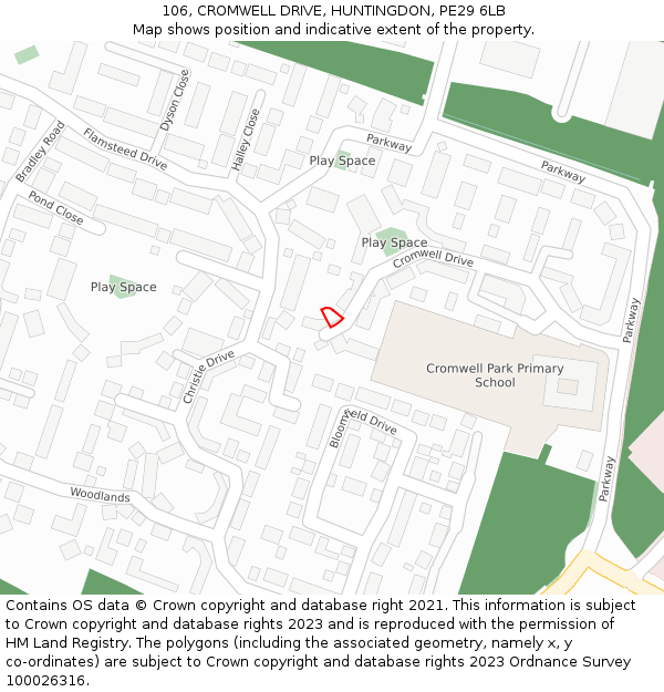 106, CROMWELL DRIVE, HUNTINGDON, PE29 6LB: Location map and indicative extent of plot