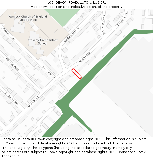 106, DEVON ROAD, LUTON, LU2 0RL: Location map and indicative extent of plot