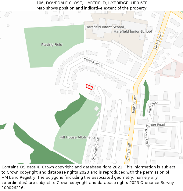 106, DOVEDALE CLOSE, HAREFIELD, UXBRIDGE, UB9 6EE: Location map and indicative extent of plot