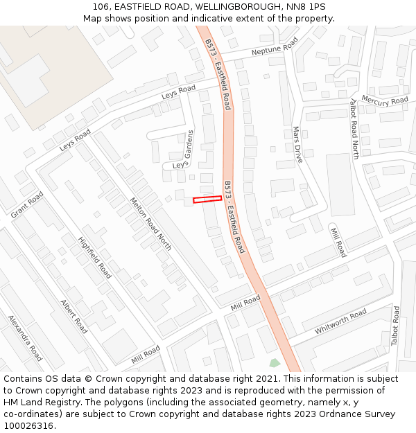 106, EASTFIELD ROAD, WELLINGBOROUGH, NN8 1PS: Location map and indicative extent of plot