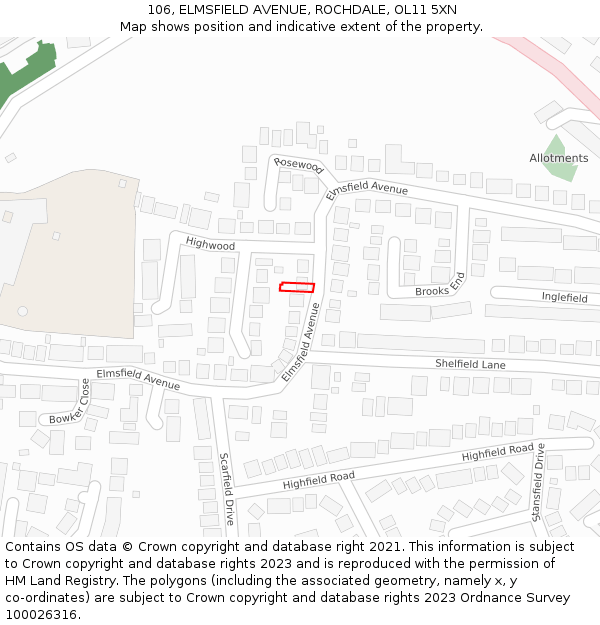 106, ELMSFIELD AVENUE, ROCHDALE, OL11 5XN: Location map and indicative extent of plot