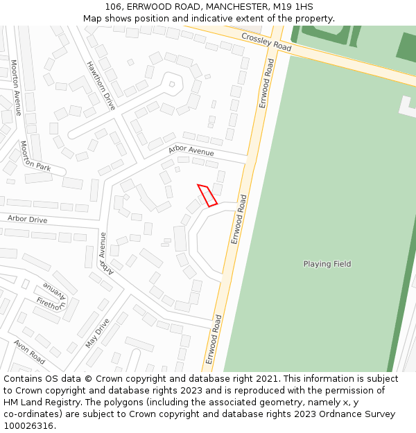 106, ERRWOOD ROAD, MANCHESTER, M19 1HS: Location map and indicative extent of plot