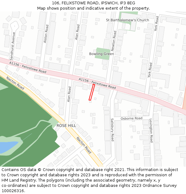 106, FELIXSTOWE ROAD, IPSWICH, IP3 8EG: Location map and indicative extent of plot