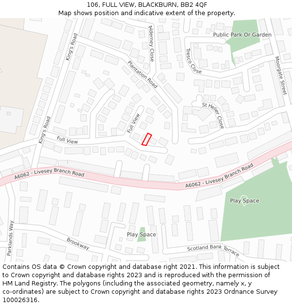 106, FULL VIEW, BLACKBURN, BB2 4QF: Location map and indicative extent of plot