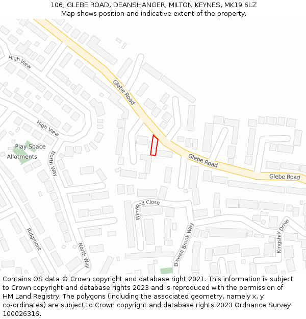 106, GLEBE ROAD, DEANSHANGER, MILTON KEYNES, MK19 6LZ: Location map and indicative extent of plot