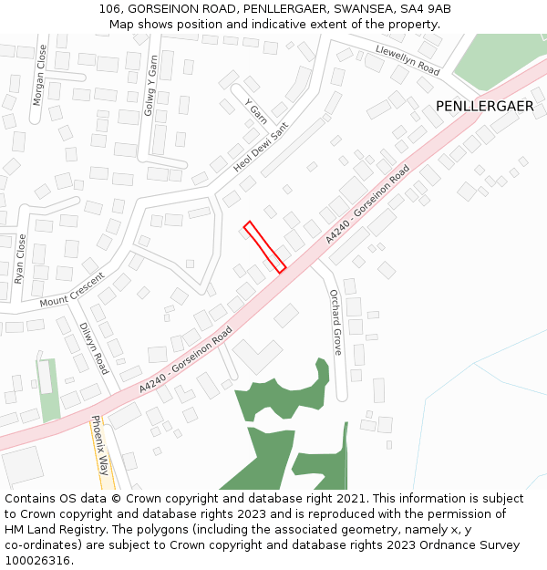 106, GORSEINON ROAD, PENLLERGAER, SWANSEA, SA4 9AB: Location map and indicative extent of plot